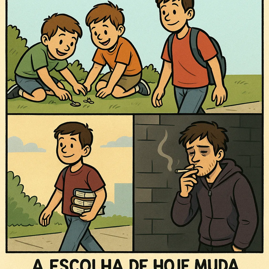 Histórias em quadrinhos e charges de combate às drogas História em Quadrinhos sobre Drogas 04 - Escolha de Hoje e seu Futuro
