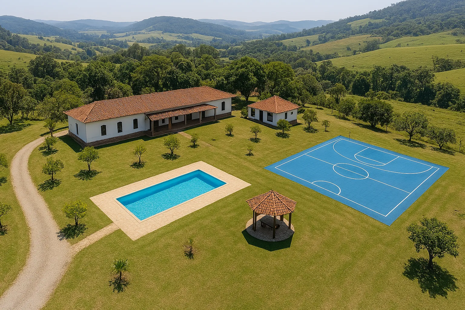 Uma Clínica de Reabilitação em Guarulhos com quadra de tenis e piscina, com um campo com grama verde