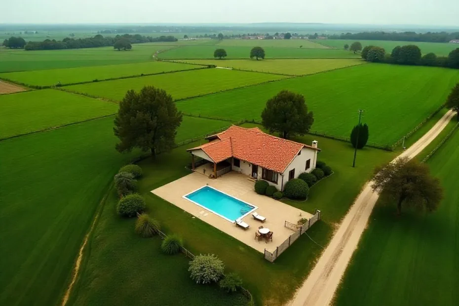 a house with a pool surrounded by grass and trees