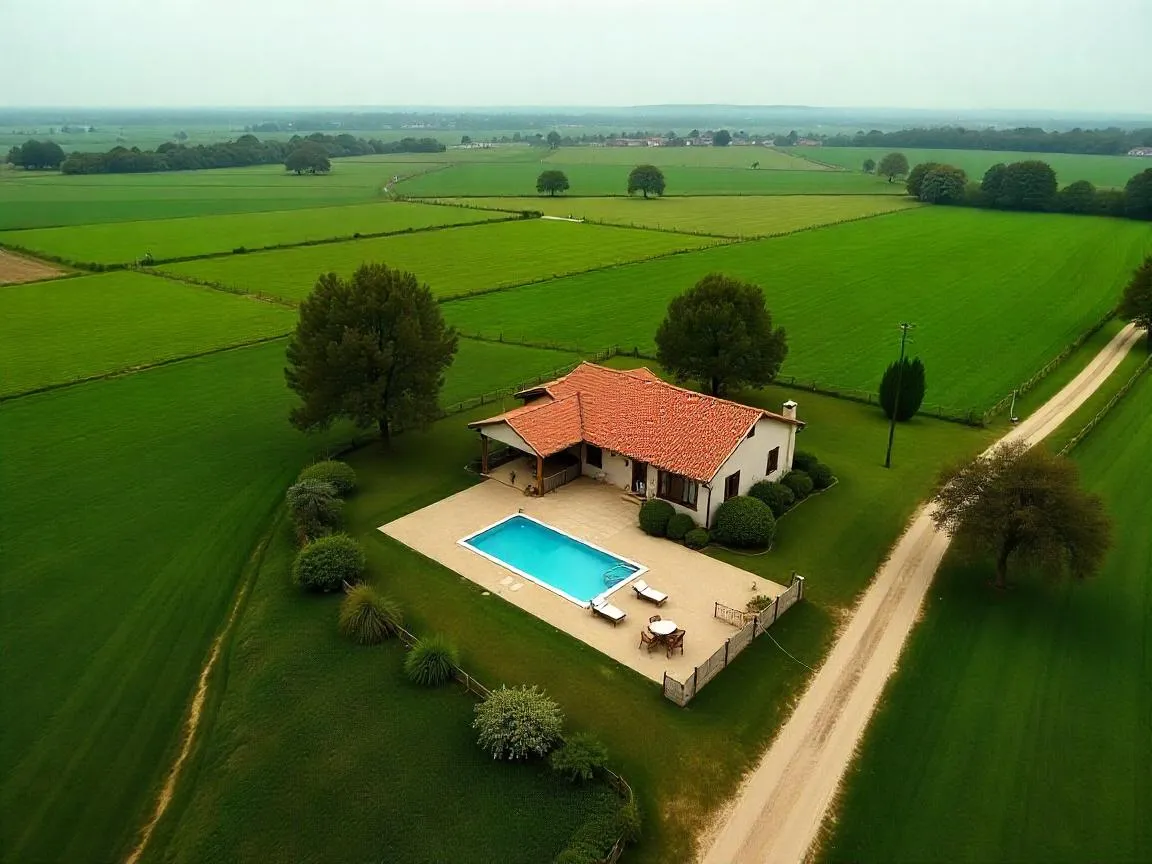 a house with a pool surrounded by grass and trees